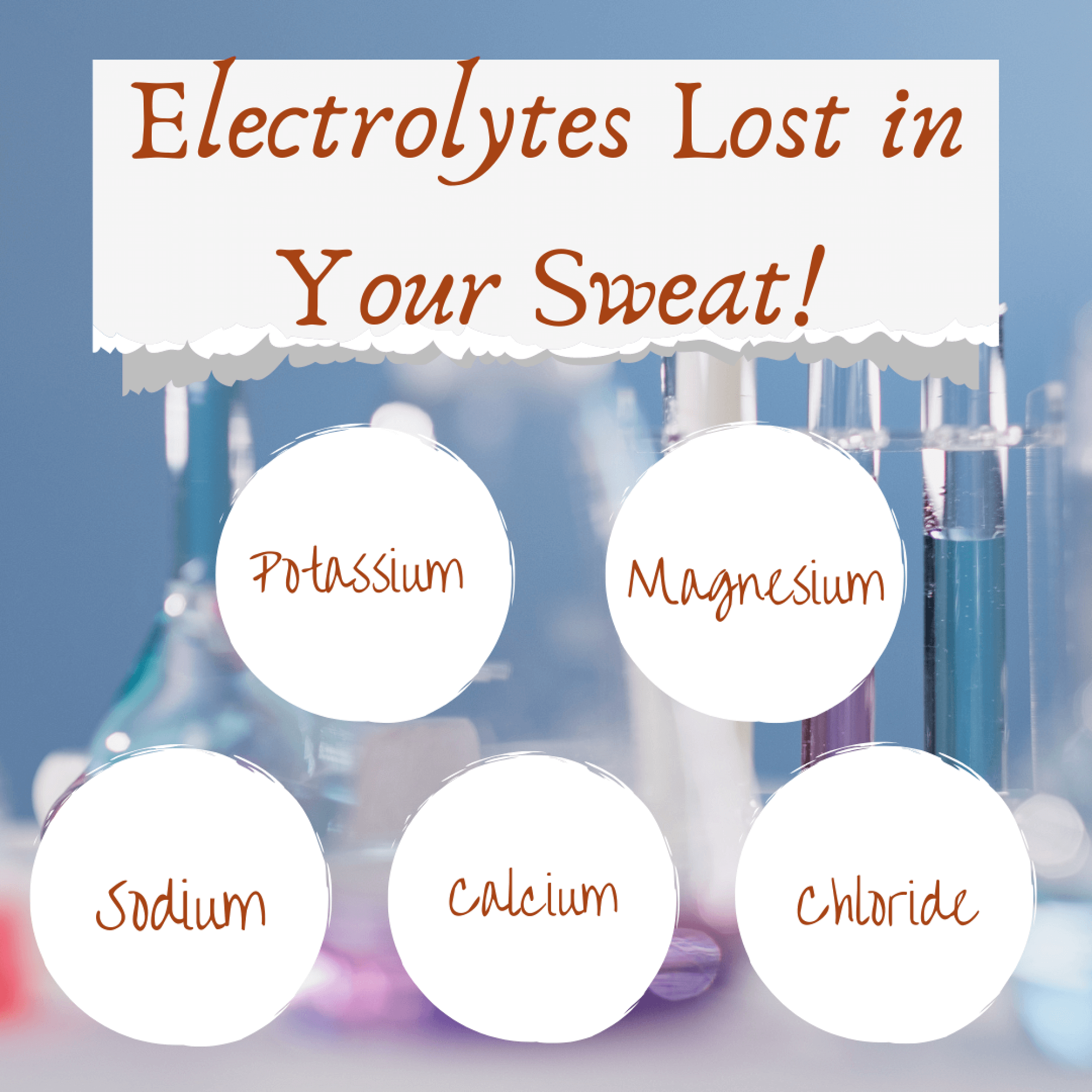Electrolytes Lost in Your Sweat: potassium, magnesium, sodium, calcium, chloride.