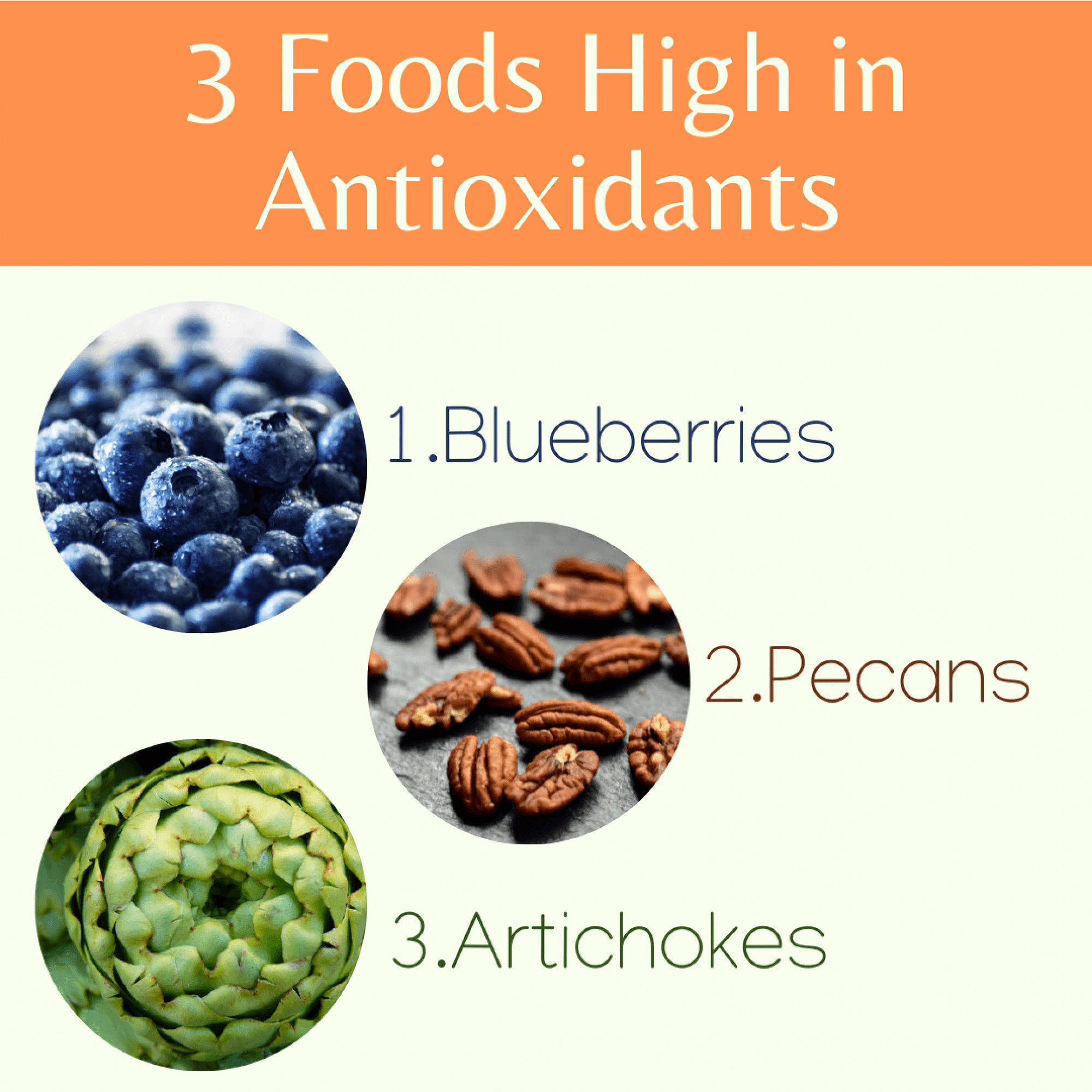 3 Foods High in Antioxidants: blueberries, pecans, artichokes.